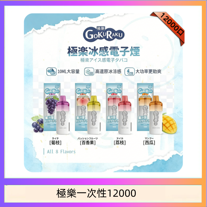 【8種口味】極楽 12000口一次性電子煙|超大容量 |口感絲滑|新品